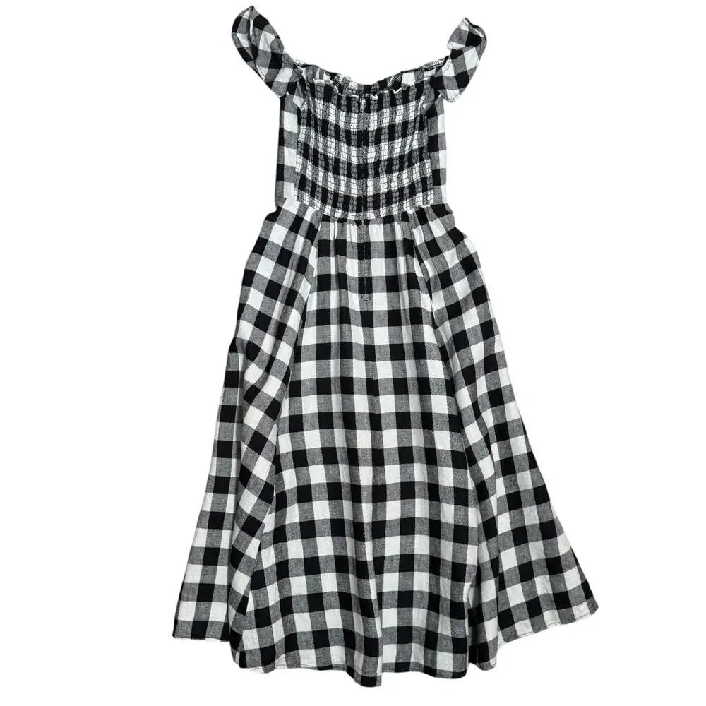 Reformation Hattie Linen Midi Dress Gingham Black White Size 6 Off the Shoulder - Picture 4 of 11